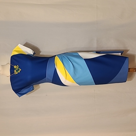 Donna Karan Blue Yellow Cream Abstract Print Short Sleeve Boat Neck Midi Dress - Picture 1 of 14